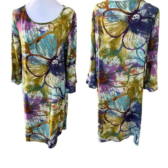 JAM'S WORLD FLORAL BELL SLEEVE MIDI FLOWY RELAXED TROPICAL DRESS MEDIUM EUC - Picture 2 of 4